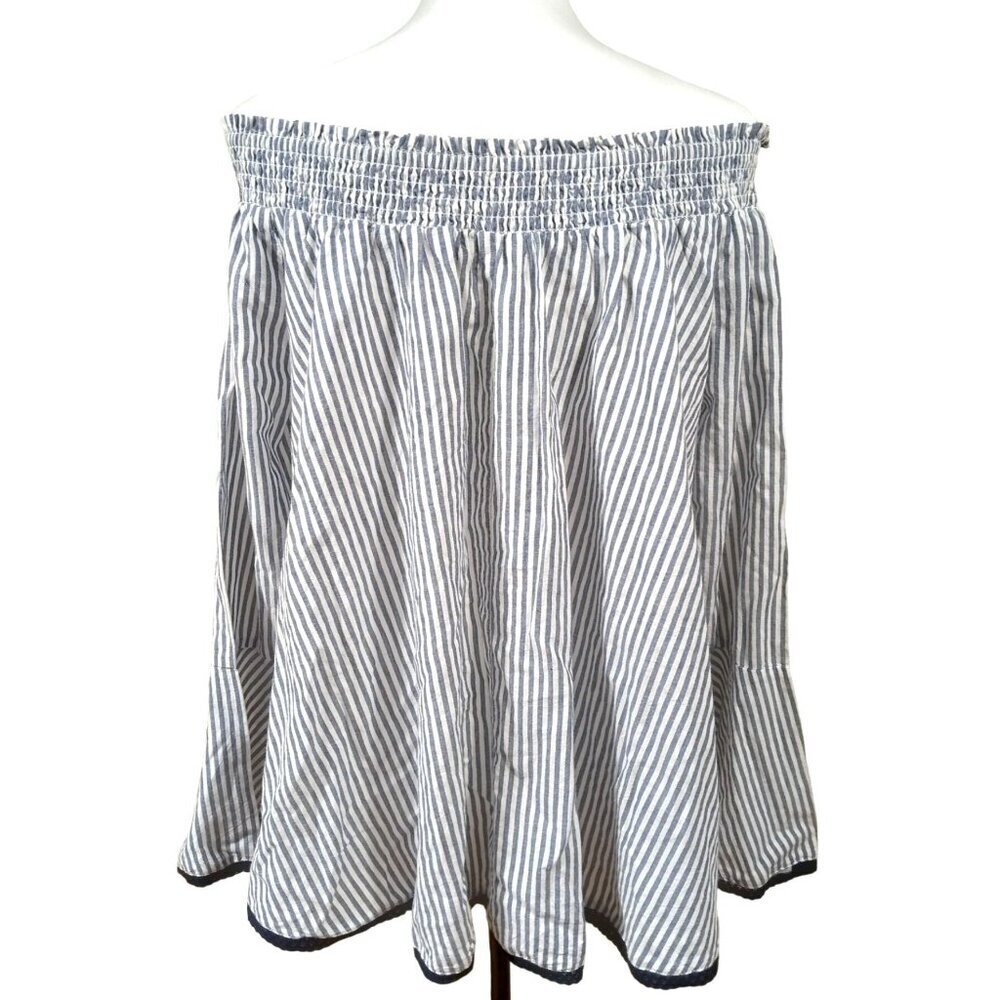 NWT Life Style Navy/White Long Sleeve Blouse Navy Trim Off Shoulder Size Large